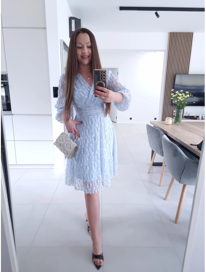 Sukienka koronkowa elegancka midi błękit M L XL