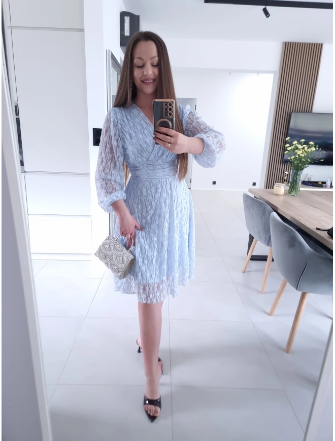 Sukienka koronkowa elegancka midi błękit M L XL