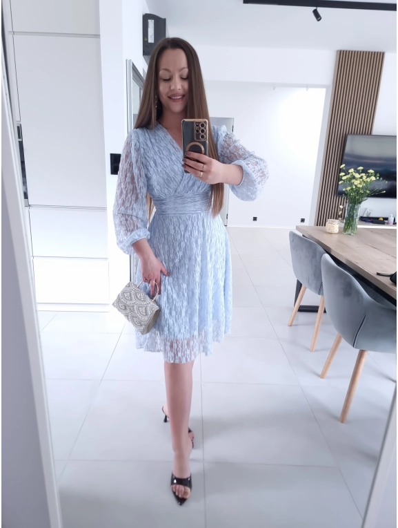 Sukienka koronkowa elegancka midi błękit M L XL