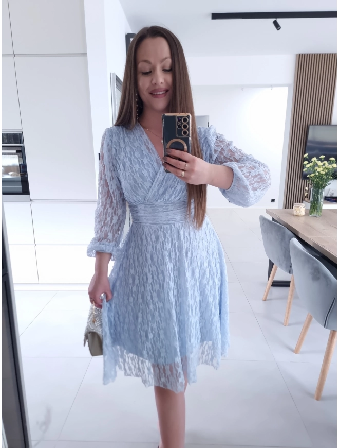 Sukienka koronkowa elegancka midi błękit M L XL