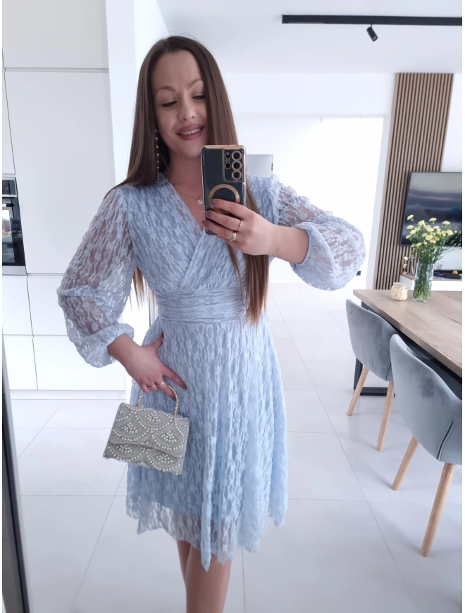 Sukienka koronkowa elegancka midi błękit M L XL