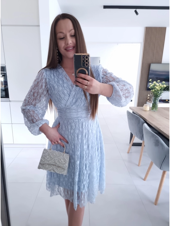Sukienka koronkowa elegancka midi błękit M L XL