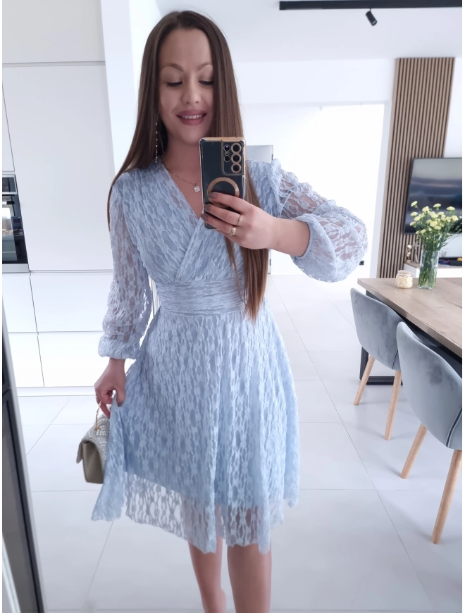 Sukienka koronkowa elegancka midi błękit M L XL