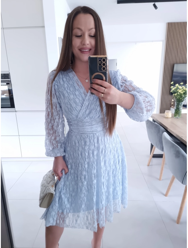 Sukienka koronkowa elegancka midi błękit M L XL