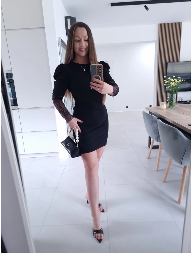 Sukienka IVONE koronka trapezowa S M L CZARNA