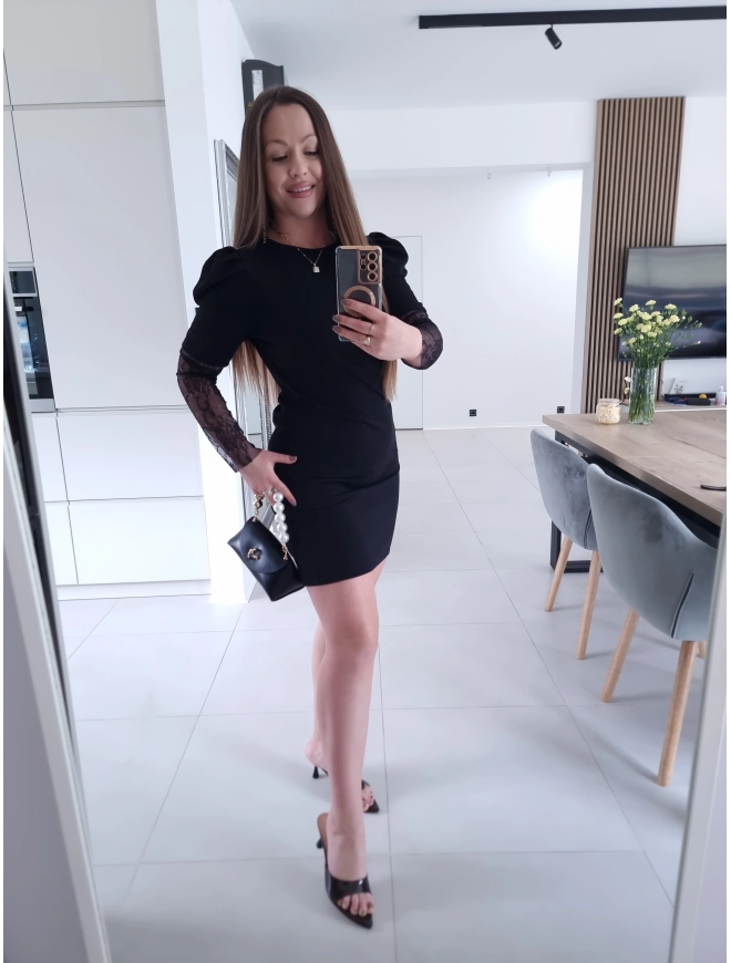 Sukienka IVONE koronka trapezowa S M L CZARNA