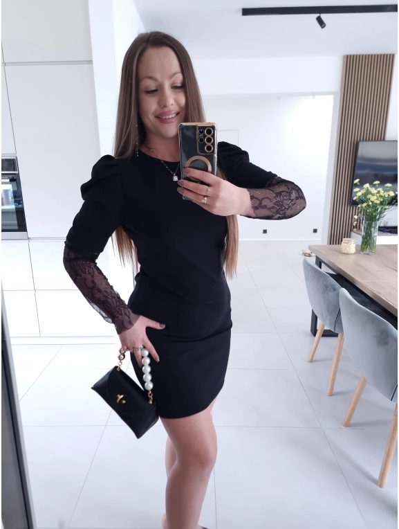 Sukienka IVONE koronka trapezowa S M L CZARNA