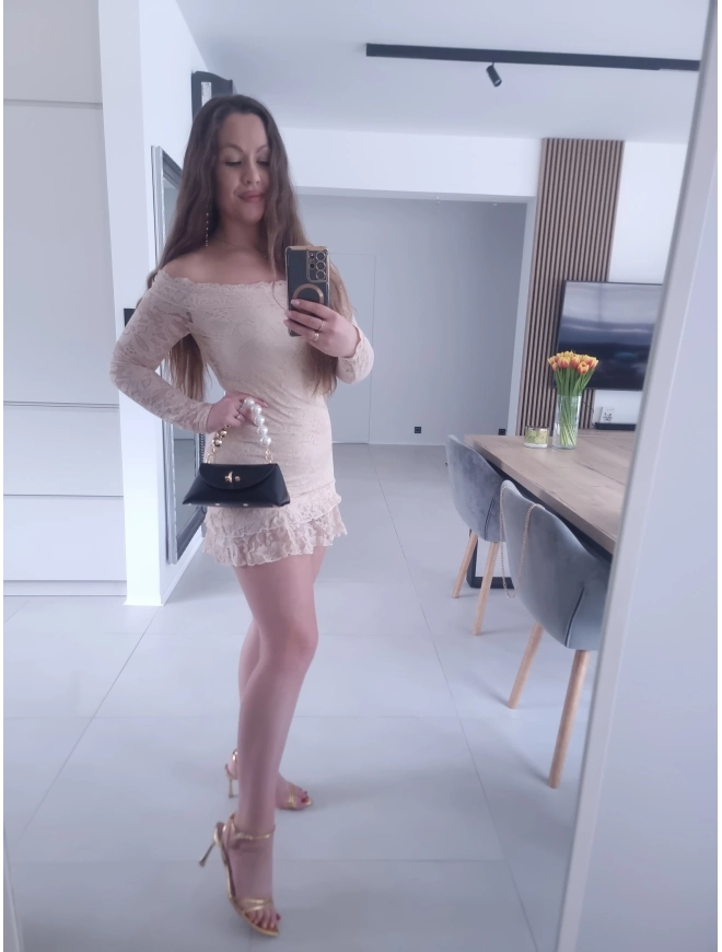 Sukienka FIORA beżowa koronka XS S M koktajlowa