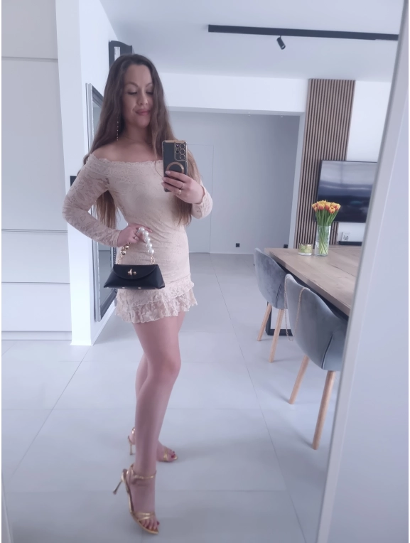 Sukienka FIORA beżowa koronka XS S M koktajlowa