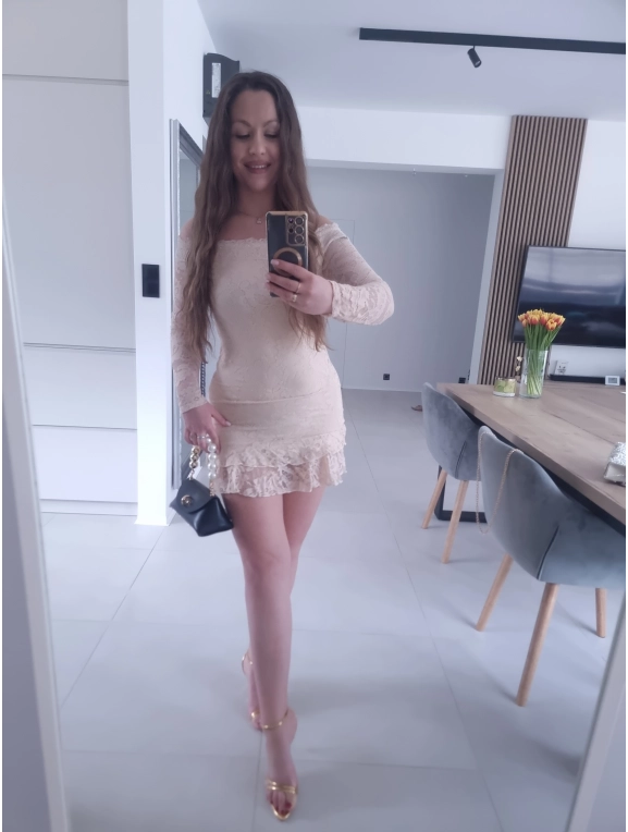 Sukienka FIORA beżowa koronka XS S M koktajlowa