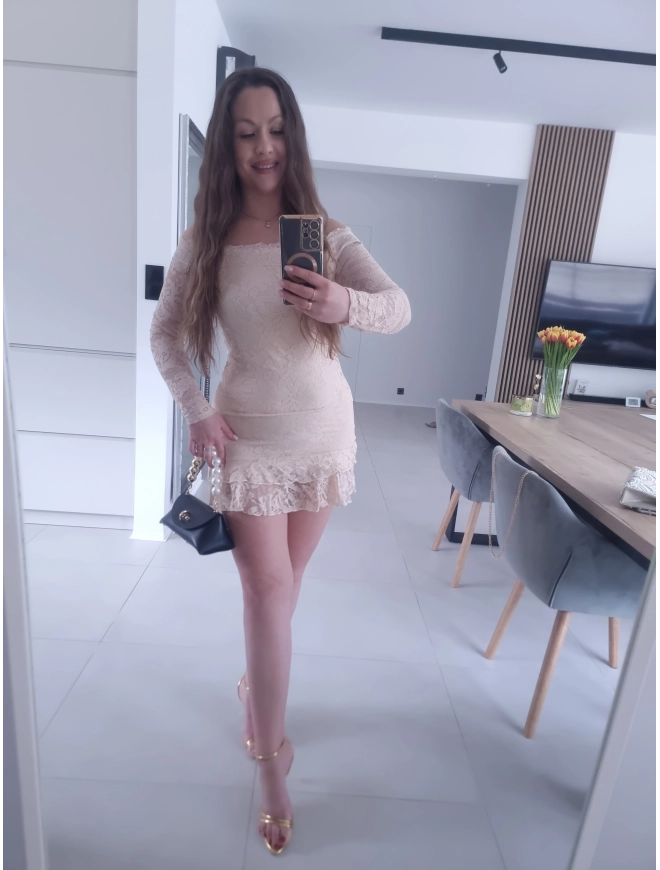 Sukienka FIORA beżowa koronka XS S M koktajlowa