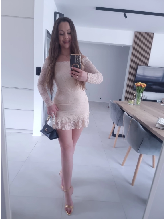 Sukienka FIORA beżowa koronka XS S M koktajlowa