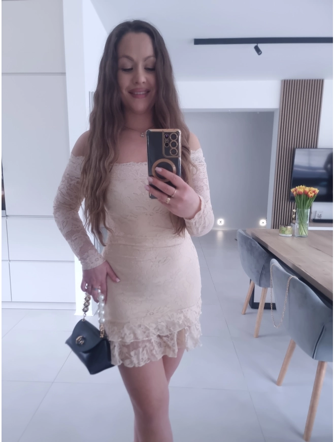 Sukienka FIORA beżowa koronka XS S M koktajlowa