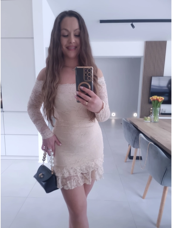 Sukienka FIORA beżowa koronka XS S M koktajlowa