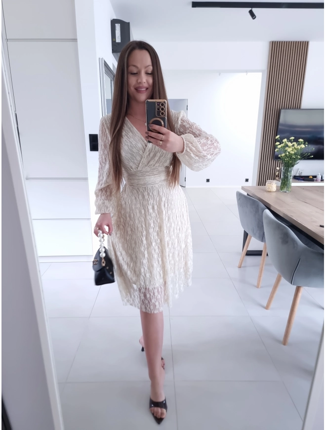 Sukienka koronkowa elegancka midi kremowa M L XL