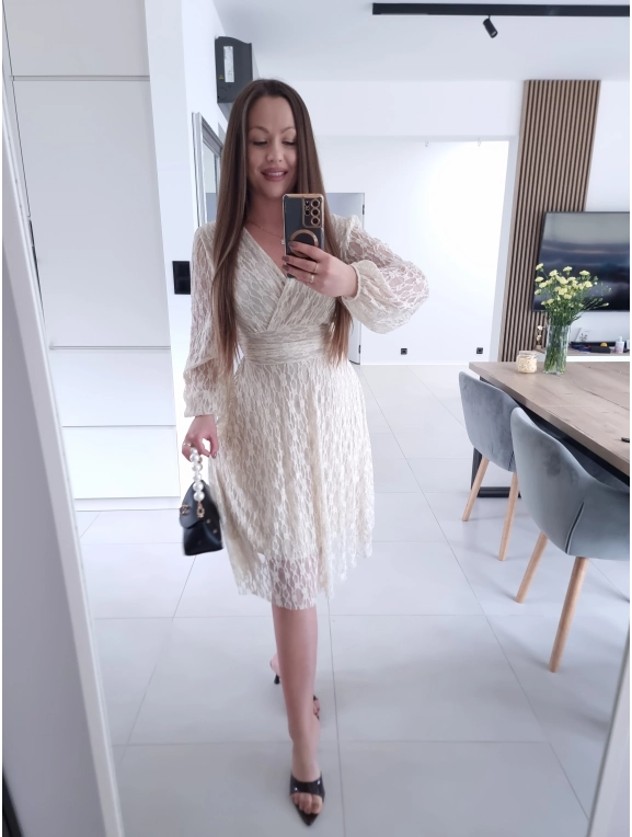 Sukienka koronkowa elegancka midi kremowa M L XL