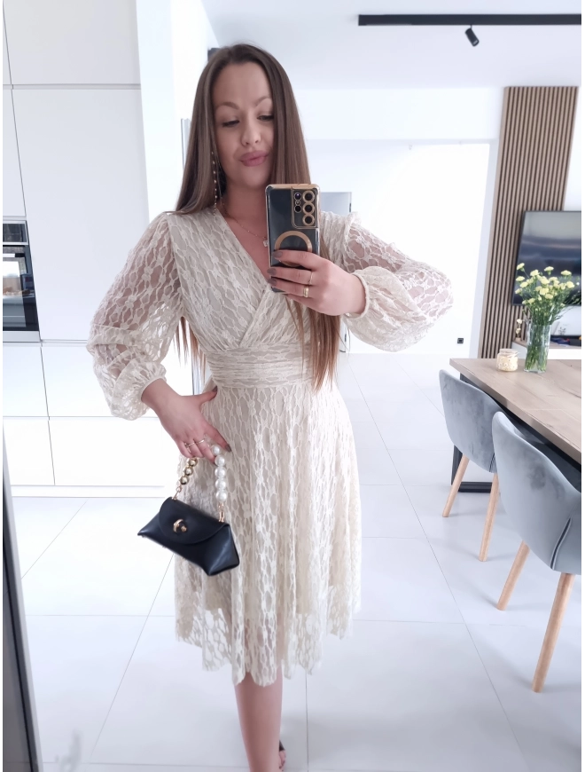 Sukienka koronkowa elegancka midi kremowa M L XL