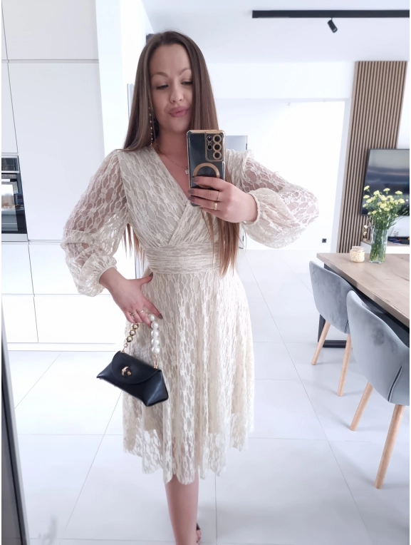Sukienka koronkowa elegancka midi kremowa M L XL