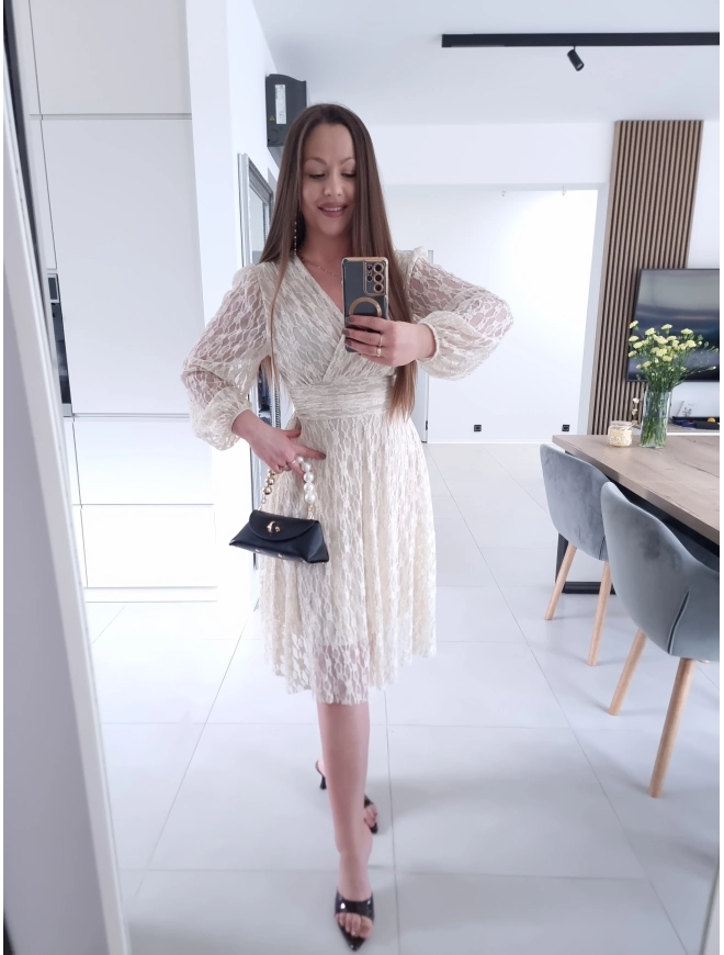 Sukienka koronkowa elegancka midi kremowa M L XL