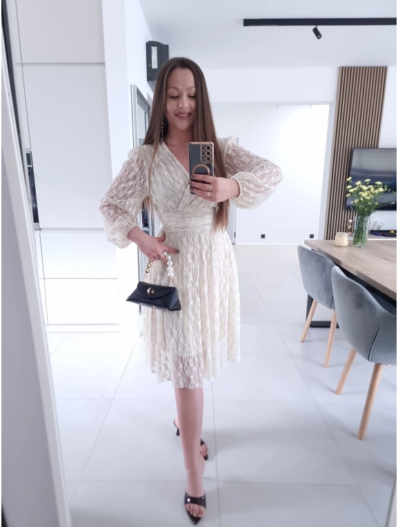 Sukienka koronkowa elegancka midi kremowa M L XL