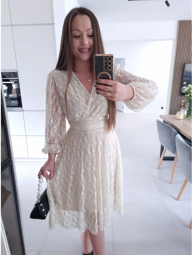 Sukienka koronkowa elegancka midi kremowa M L XL