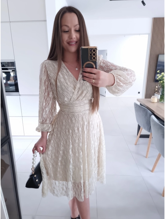 Sukienka koronkowa elegancka midi kremowa M L XL