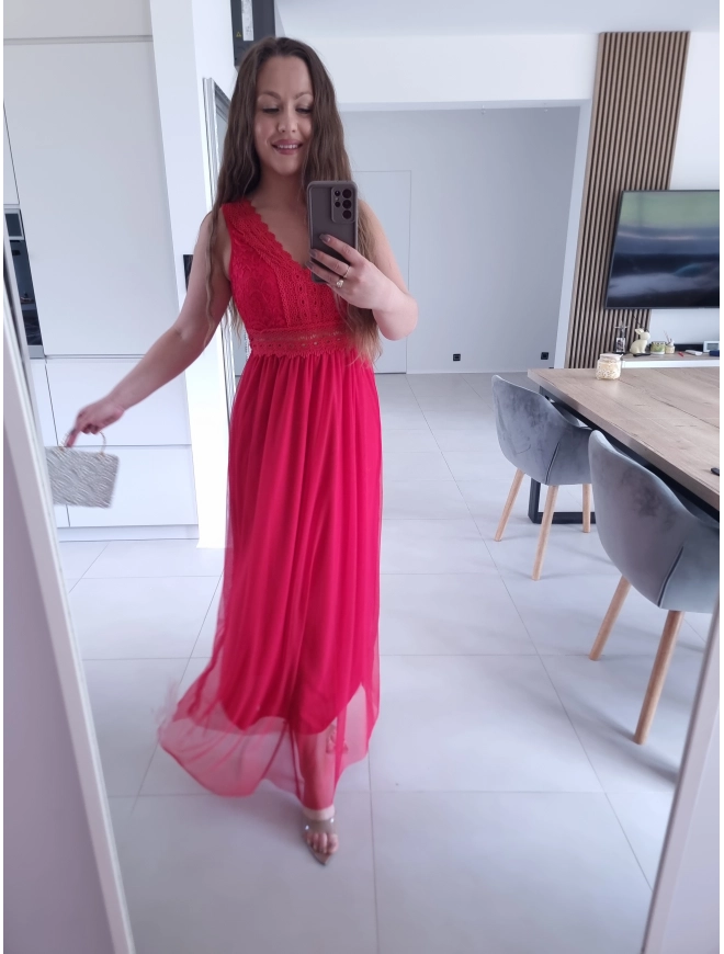 Sukienka DORIA RED elegancka czerwona maxi siatka S M L