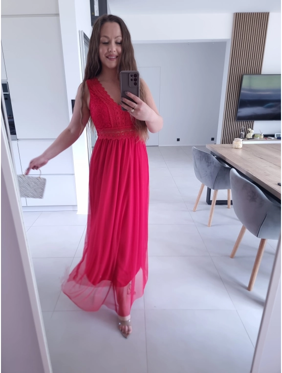Sukienka DORIA RED elegancka czerwona maxi siatka S M L