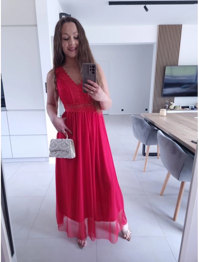 Sukienka DORIA RED elegancka czerwona maxi siatka S M L