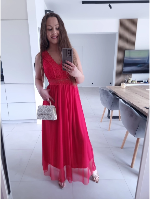 Sukienka DORIA RED elegancka czerwona maxi siatka S M L