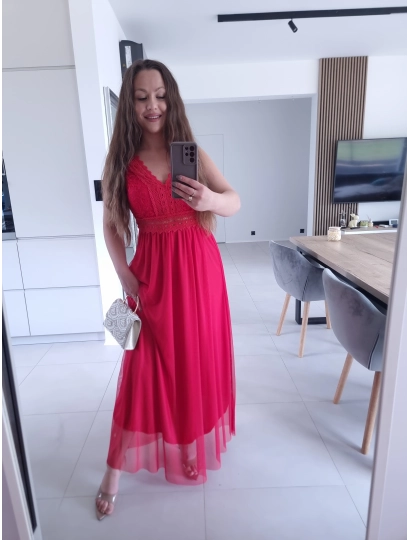 Sukienka DORIA RED elegancka czerwona maxi siatka S M L