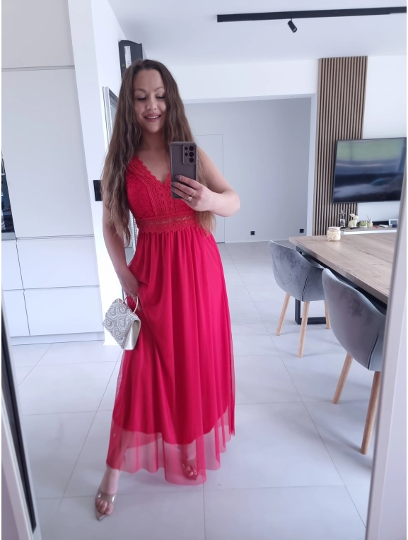 Sukienka DORIA RED elegancka czerwona maxi siatka S M L