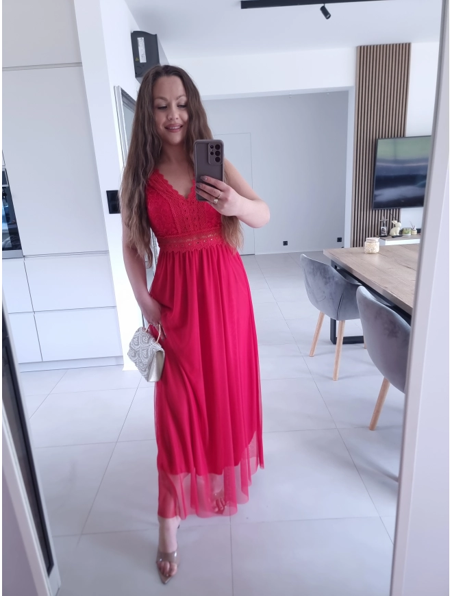 Sukienka DORIA RED elegancka czerwona maxi siatka S M L