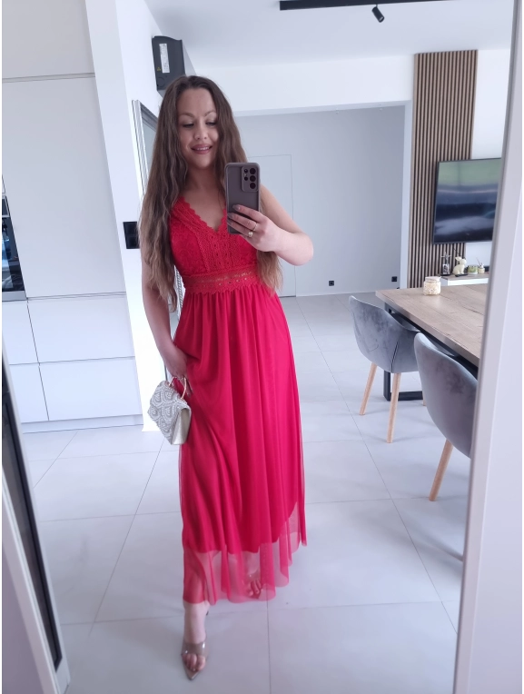 Sukienka DORIA RED elegancka czerwona maxi siatka S M L