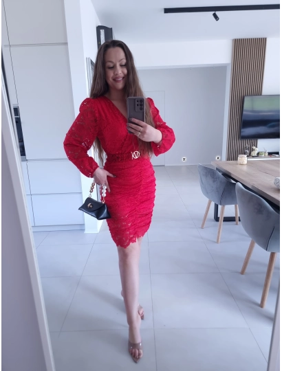 Sukienka czerwona koronkowa marszczona GLORI L XL