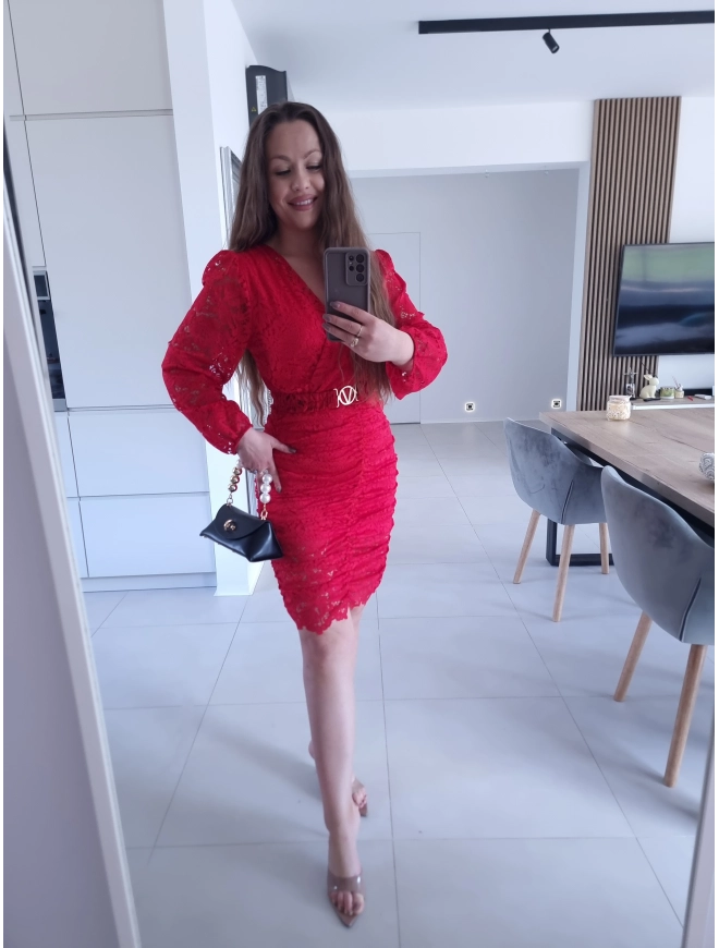 Sukienka czerwona koronkowa marszczona GLORI L XL