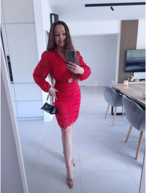 Sukienka czerwona koronkowa marszczona GLORI L XL