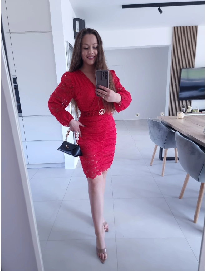 Sukienka czerwona koronkowa marszczona GLORI L XL