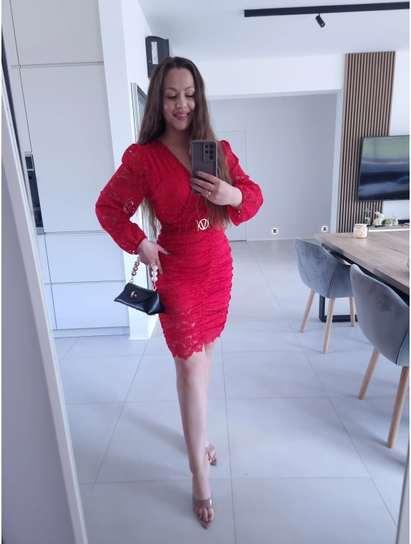 Sukienka czerwona koronkowa marszczona GLORI L XL