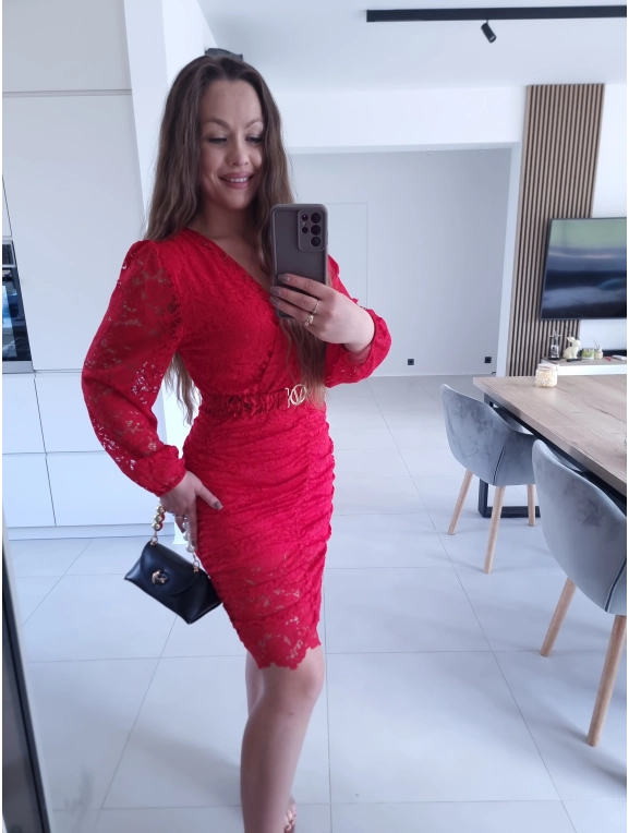 Sukienka czerwona koronkowa marszczona GLORI L XL