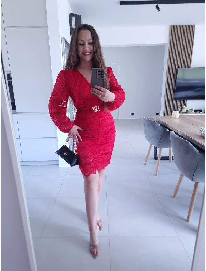 Sukienka czerwona koronkowa marszczona GLORI L XL