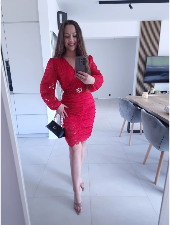 Sukienka czerwona koronkowa marszczona GLORI L XL