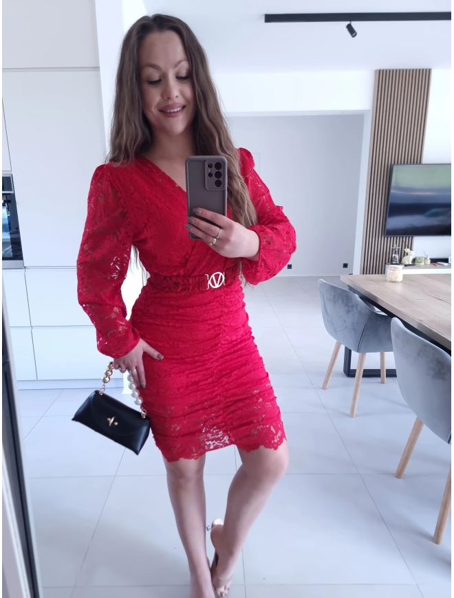 Sukienka czerwona koronkowa marszczona GLORI L XL