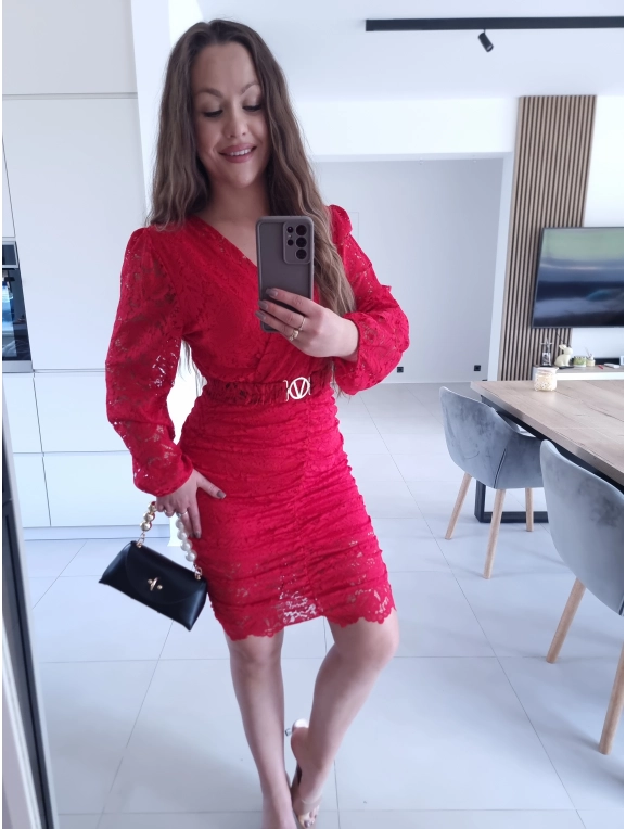 Sukienka czerwona koronkowa marszczona GLORI L XL