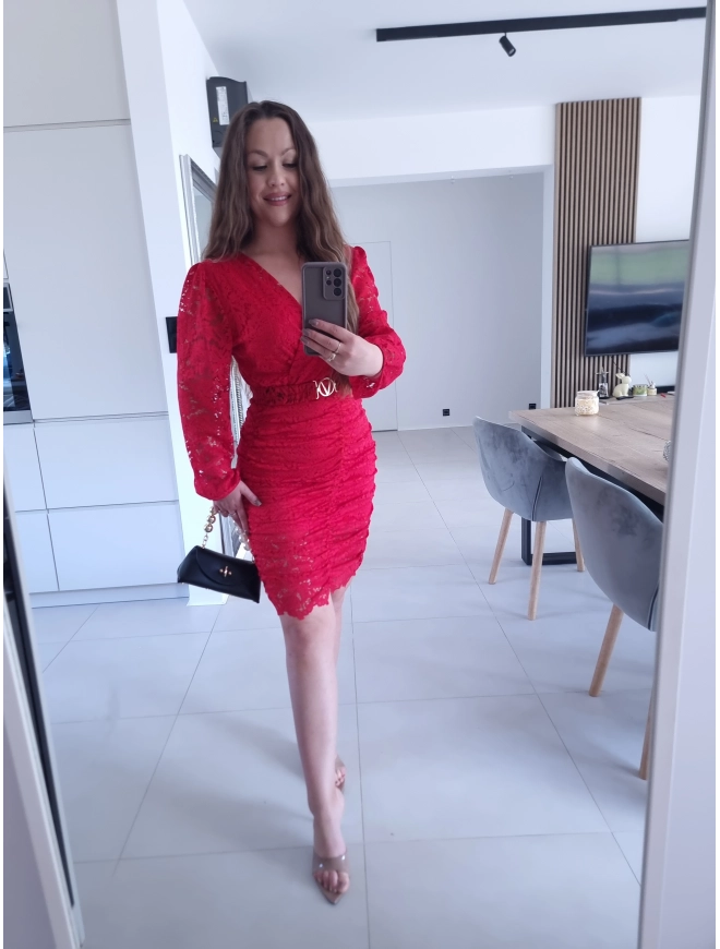 Sukienka czerwona koronkowa marszczona GLORI L XL