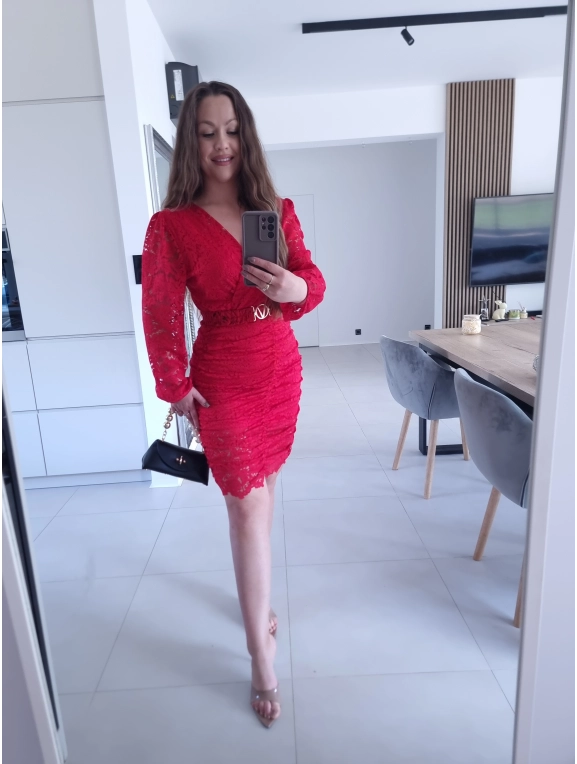 Sukienka czerwona koronkowa marszczona GLORI L XL