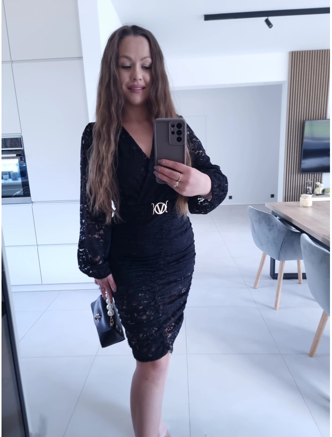 Sukienka czarna koronkowa marszczona GLORI L XL