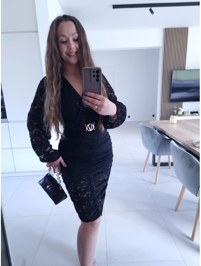 Sukienka czarna koronkowa marszczona GLORI L XL