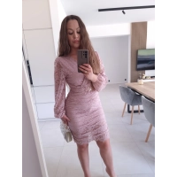 Sukienka RÓŻ puder koronkowa marszczona GLORI L XL