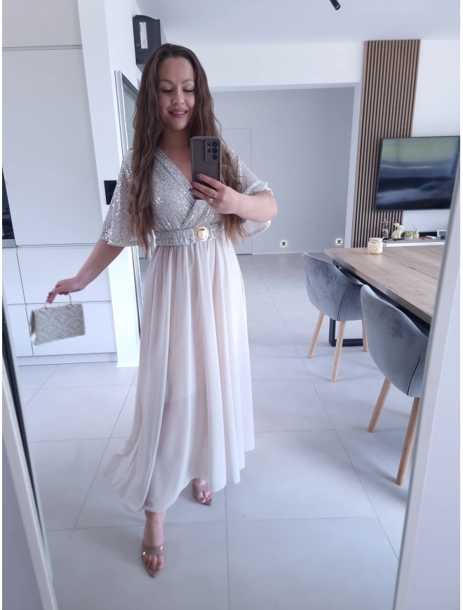 Sukienka BEŻOWA SELENE MAXI ELEGANCKA cekiny L XL XXL